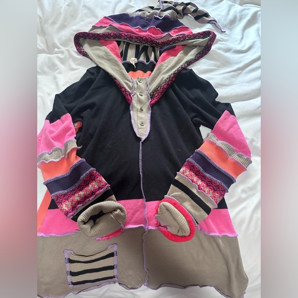 Donadian Katwise Handmade Recycled Colorful Hooded Cardigan Button Detail M/L